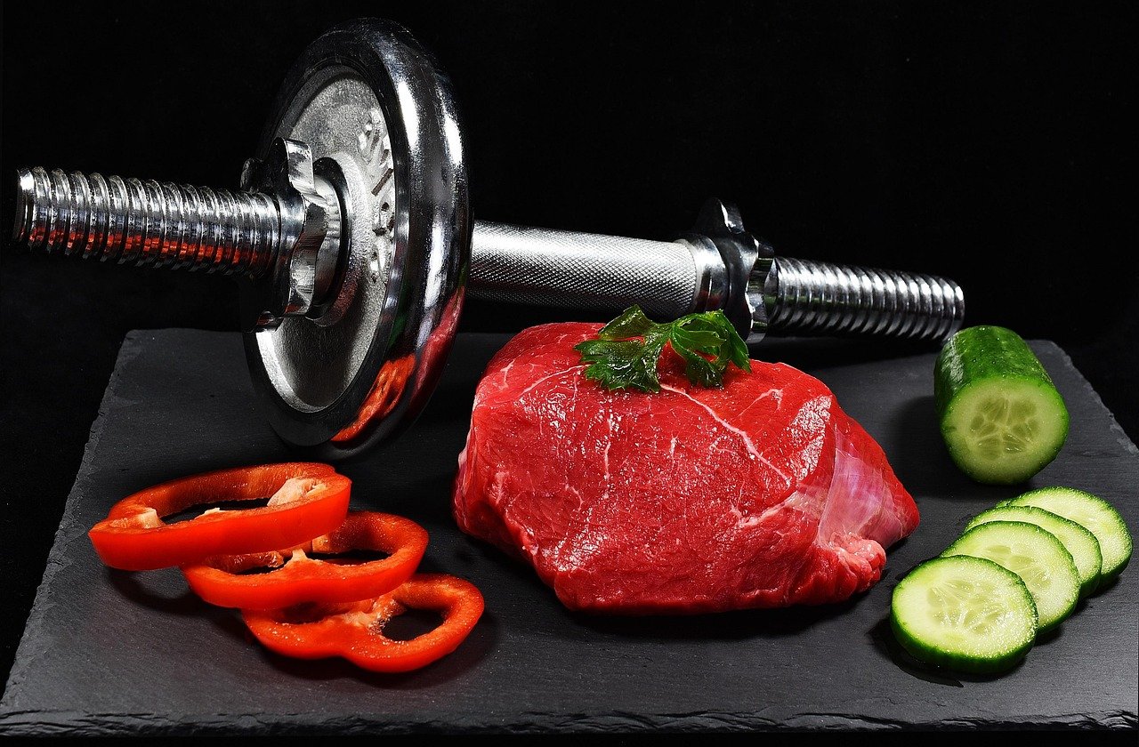 meat, dumbbell, cucumber, pepper, food, muscles, exercises, dumbbells, strengthening, training, fitness, lunch, sport, vegetables, muscular, weight, health, weight loss, diet, still life, active, foods, red, healthy, weight loss, weight loss, weight loss, weight loss, weight loss