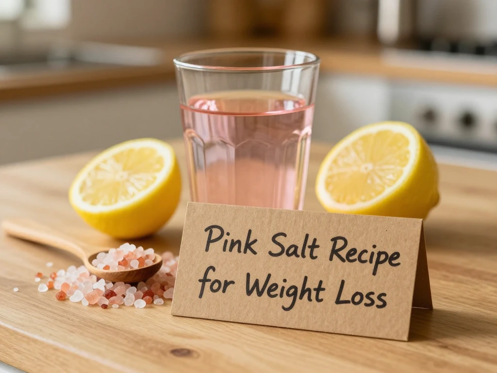 Pink salt recipe for weight loss — glass of Himalayan pink salt lemon water on a wooden kitchen counter