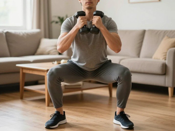 Home workouts with dumbbells — goblet squat demonstration