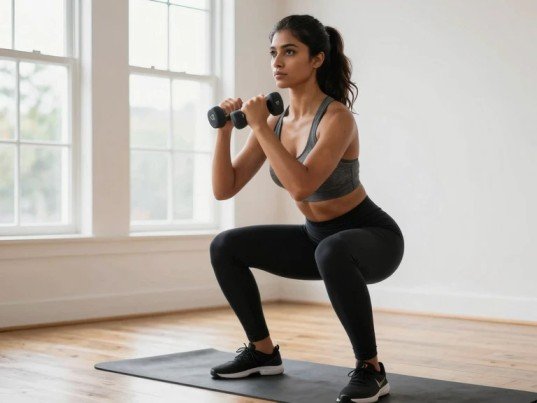 Woman doing goblet squat at home as part of the best full body workout for weight loss and muscle gain