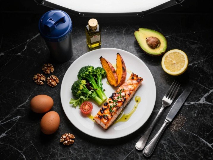 Muscle gain diet plan for 7 days — overhead flat lay of grilled salmon, sweet potato wedges, broccoli, eggs, avocado, and protein shaker on black marble