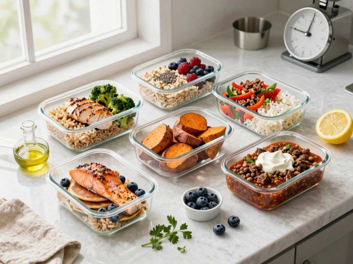 7-day muscle gain meal prep — six glass containers with grilled chicken rice, overnight oats, turkey stir fry, baked salmon, protein pancakes, and lentil chili