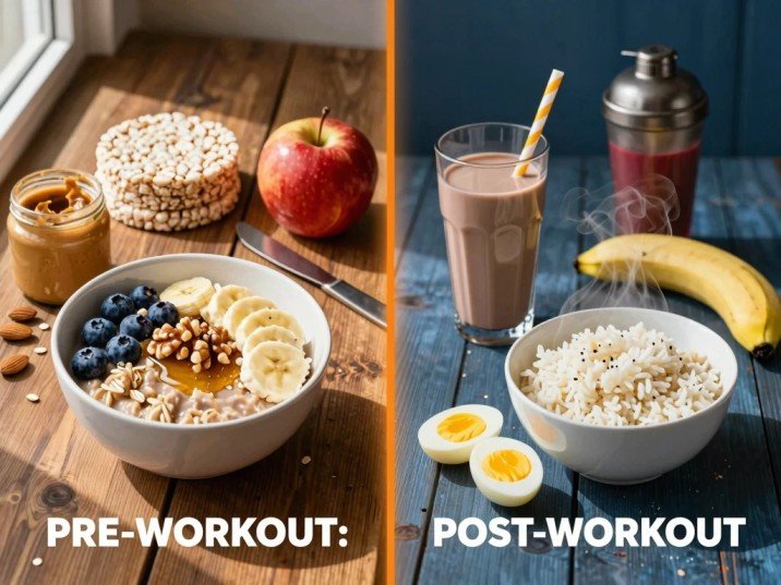 Pre-workout and post-workout meals for muscle gain — oatmeal with banana on left, protein shake with chocolate milk and white rice on right