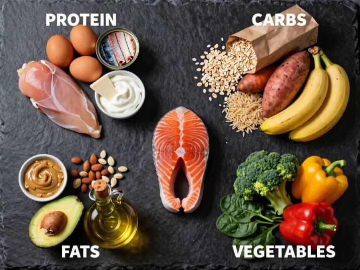 Best foods for muscle gain — flat lay of high-protein ingredients including chicken, eggs, salmon, oats, sweet potato, avocado, nuts, broccoli, and spinach on slate
