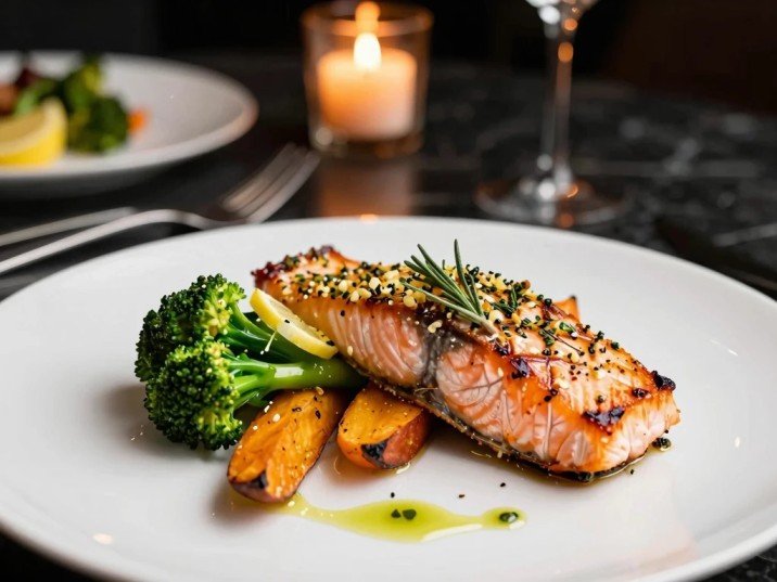 High-protein muscle gain dinner — seared salmon fillet with herb crust, roasted sweet potato wedges, and garlic broccoli on a white plate, black marble surface